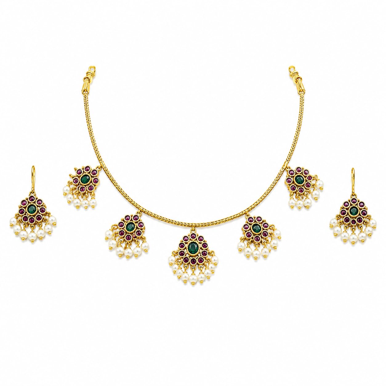 kgr splash onam special kerala mc stones pearls hangings necklace & earrings set