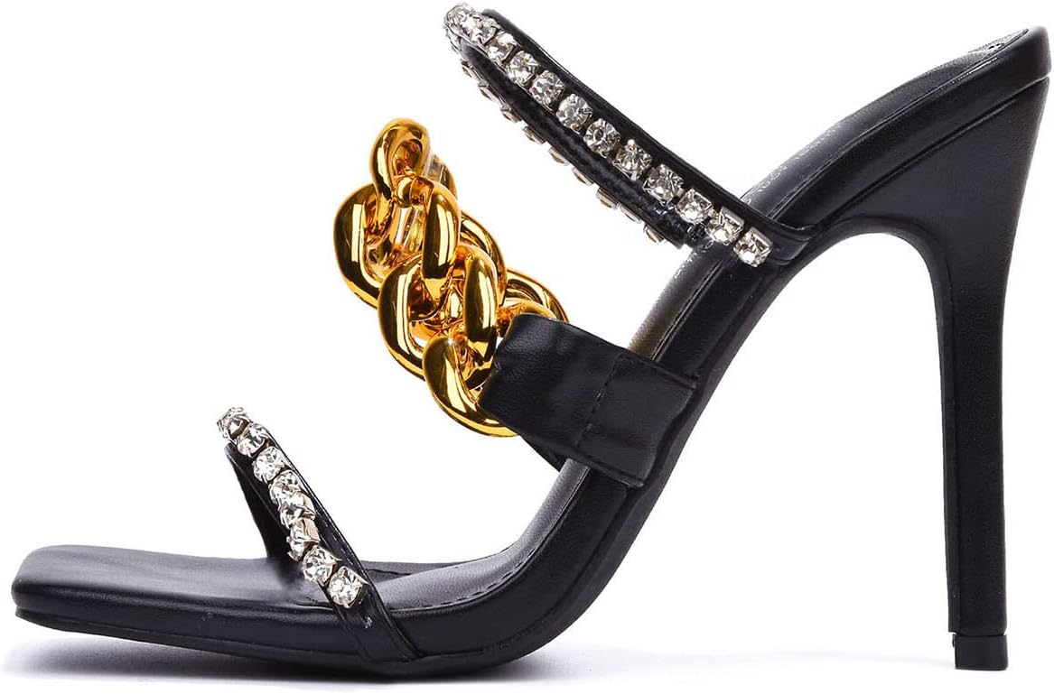 Cape Robbin Vavaboom Sexy Stiletto High Heels for Women, Square Toe Shoes Heels with Link and Faux Rhinestones - Black Size 8