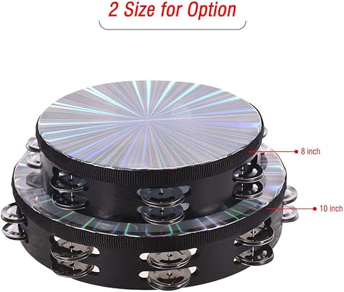 Miniatura 9 de Tambor de mano de madera de pandereta radiante de 810 pulgadas con jingles de doble fila, cabeza de tambor reflectante, instrumento de percusión