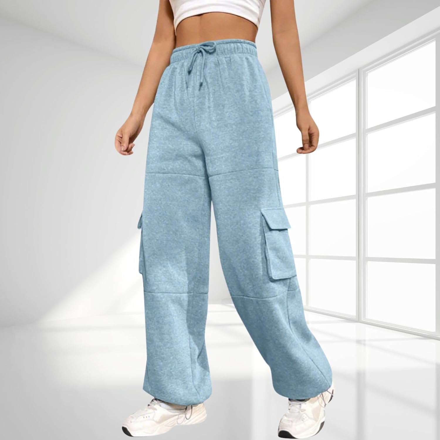 HOTYD Loose Fit Cargo Sweatpants for Women Straight Leg Elastic Waist Drawstring Casual Pants with Pockets Baggy Hiking Pants