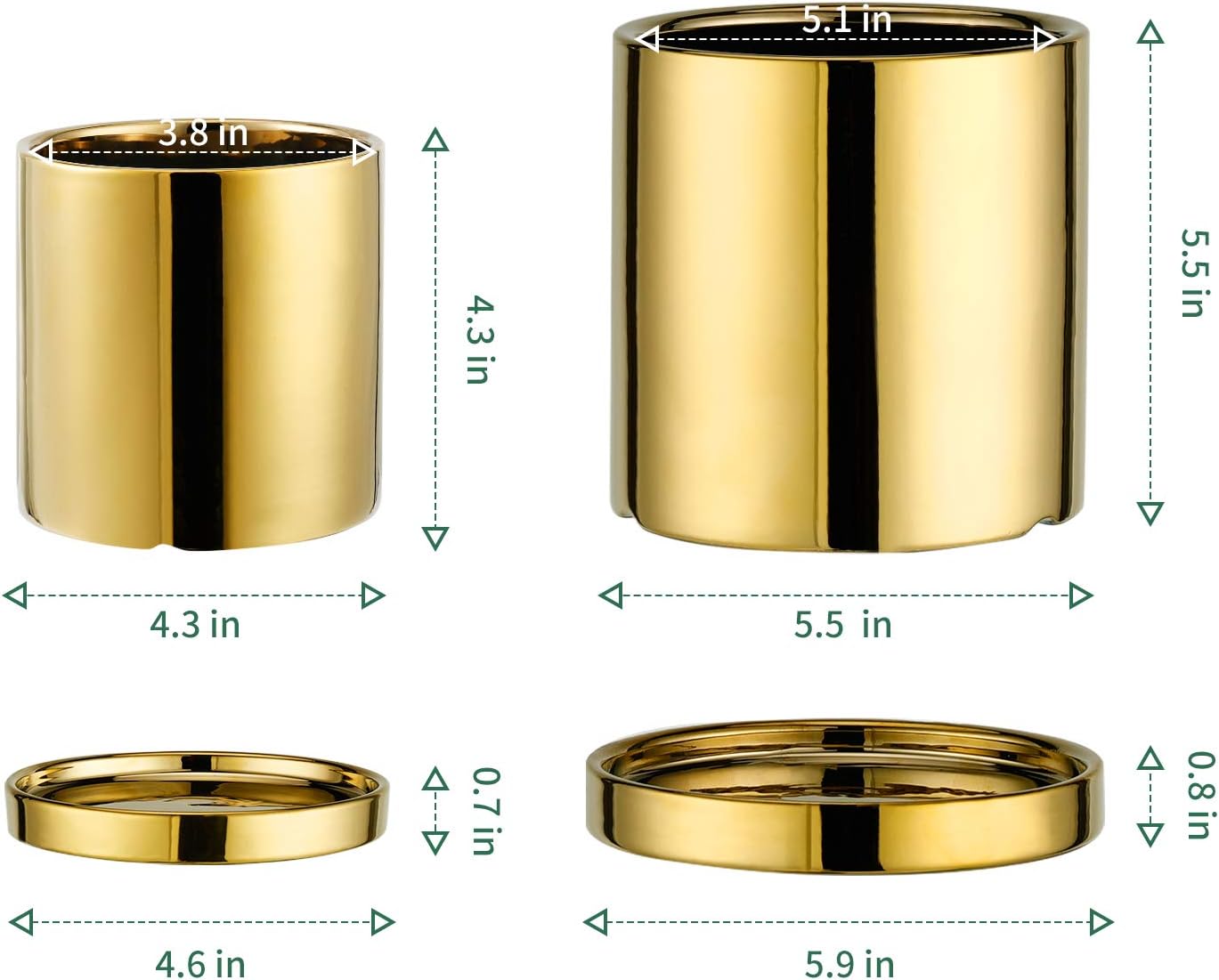 POTEY Ceramic Pots for Plants - 3.8 inch + 5.1 inch Planter Cylinder Flower with Drain Hole Sacuer Minimalism for Indoor Garden Glazed - Set of 2, Golden