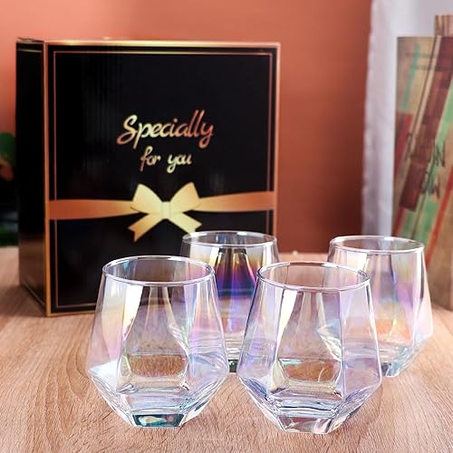 Miniatura 6 de Gutsdoor Juego de 4 copas de vino sin tallo, copas de vino con forma de diamante, cristalería iridiscente, regalos de boda de compromiso