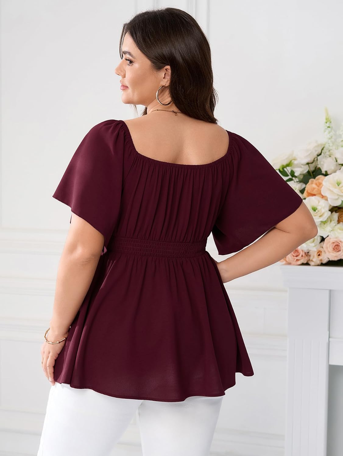 SCOMCHIC Womens Plus Size Peplum Tops Off The Shoulder Blouses Smocked Ruffle Babydoll Summer Top - Image 6