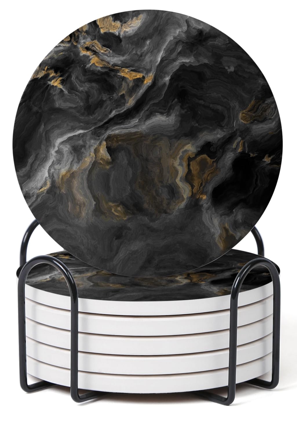 Hoomey Set of 6 Abstract Black Marble Coasters with Holder, Absorbent Ceramic Coasters for Drinks, Coasters with Cork Backing for Table Protection,