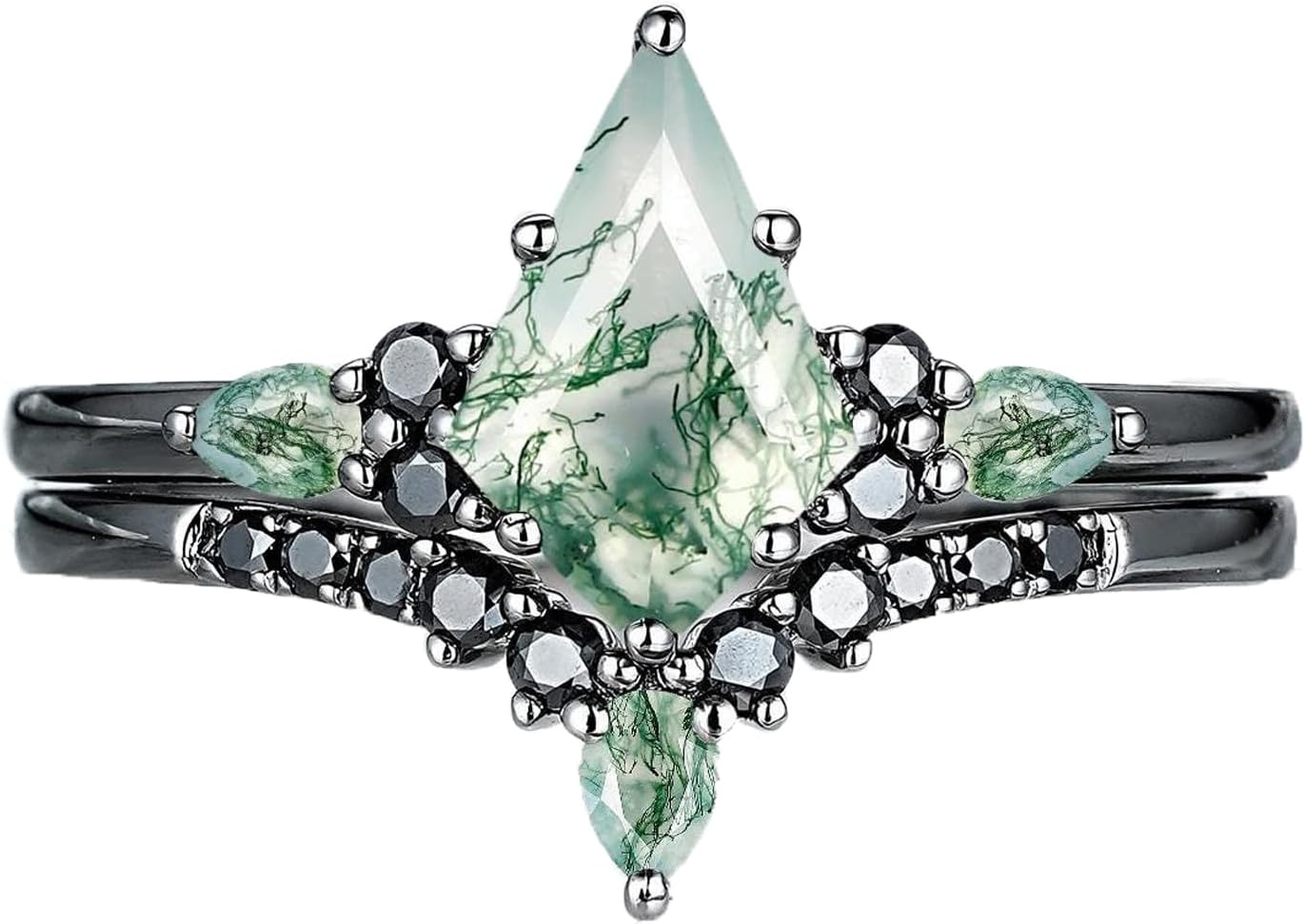 Natural Moss Agate Engagement Ring Set for Women, 925 Sterling Silver Pear/Heart/Oval Cut Moss Agate Moissanite Bridal Wedding Rings Set Inspired Leaf Bridal Rings Set for Her Free Engraved