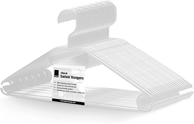 KEPLIN Space Saving White Plastic Coat Hangers - 20 Pack | Heavy Duty Swivel Hook Hangers for Clothes, Coats, Dress, Shirt, Jacket, Trouser | Non Slip Coat Hangers with Rotating Hook & Tie Hanger