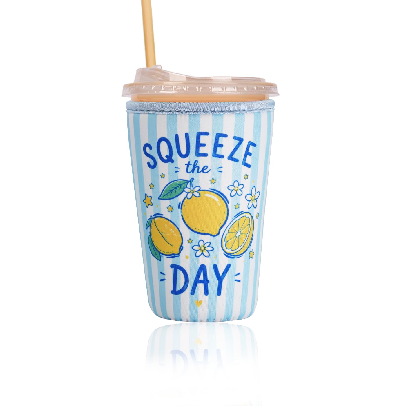 Reusable Insulated Sleeve for Iced Coffee Cup, Coffee Neoprene Sleeve for Cold &amp; Hot Drinks, Beverage Holder for Iced Coffee (Squeeze Day, Medium: 22-24oz)