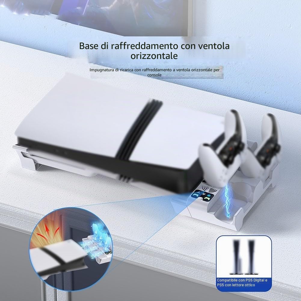 Supporto di raffreddamento orizzontale per PS5 SlimPro, ventola a 3 livelli e caricabatterie doppio controller, base di raffreddamento multifunzione per controller di gioco, accessorio