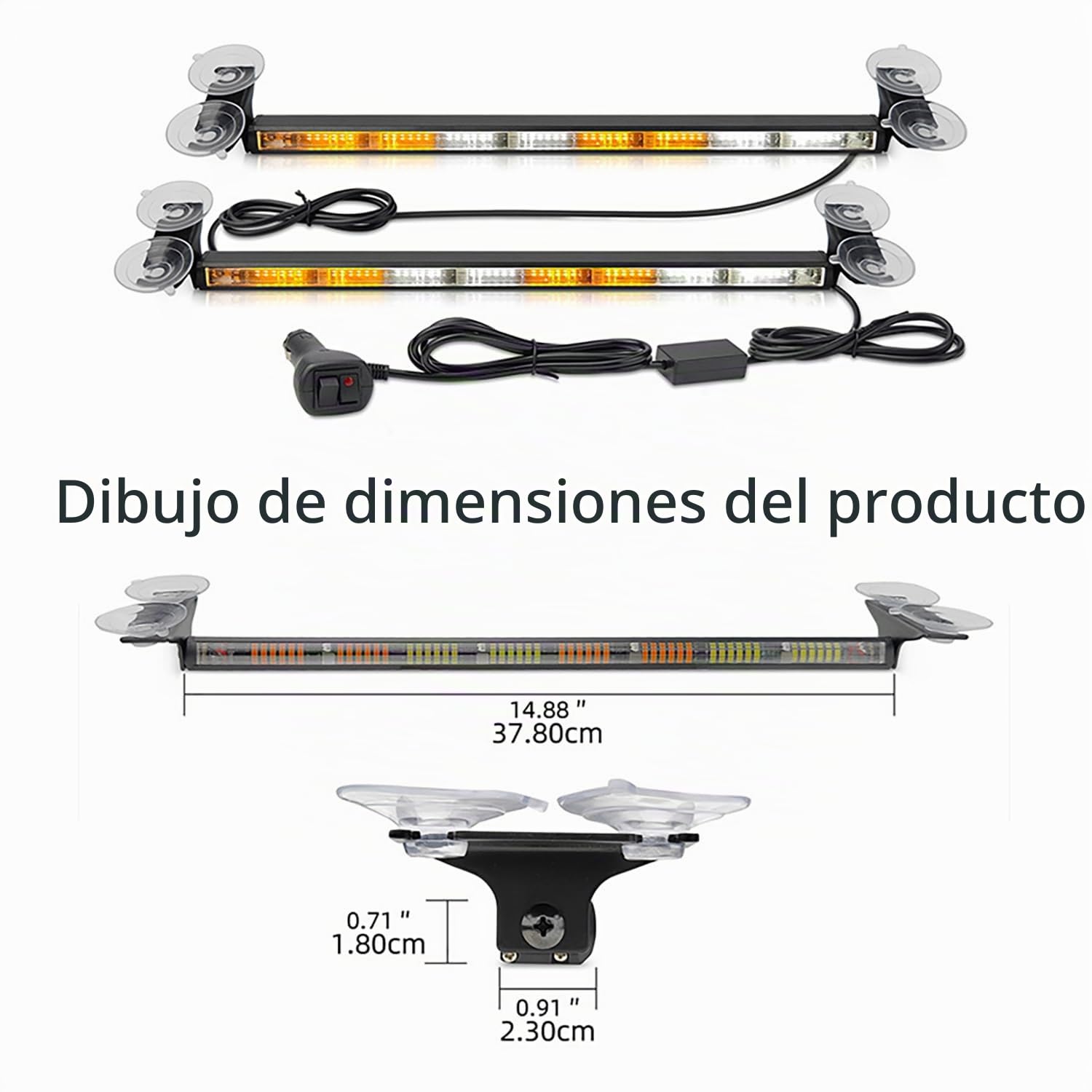 Luces Estroboscopicas Coche,Luces De Ventosa para Coche,Tira De Luz Estroboscópica,Ip67,23 Modos De Flash,Cable De Alimentación De 4,5 m,Blanco y Amarillo,para Coches,Camiones, Tractores,Etc.