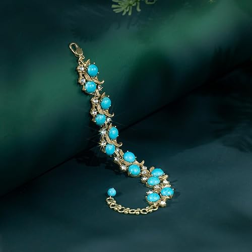 Miniatura 5 de HZMAN Pulsera floral turquesa vintage, hecha a mano de latón grueso con piedra natural para mujer, regalo retro
