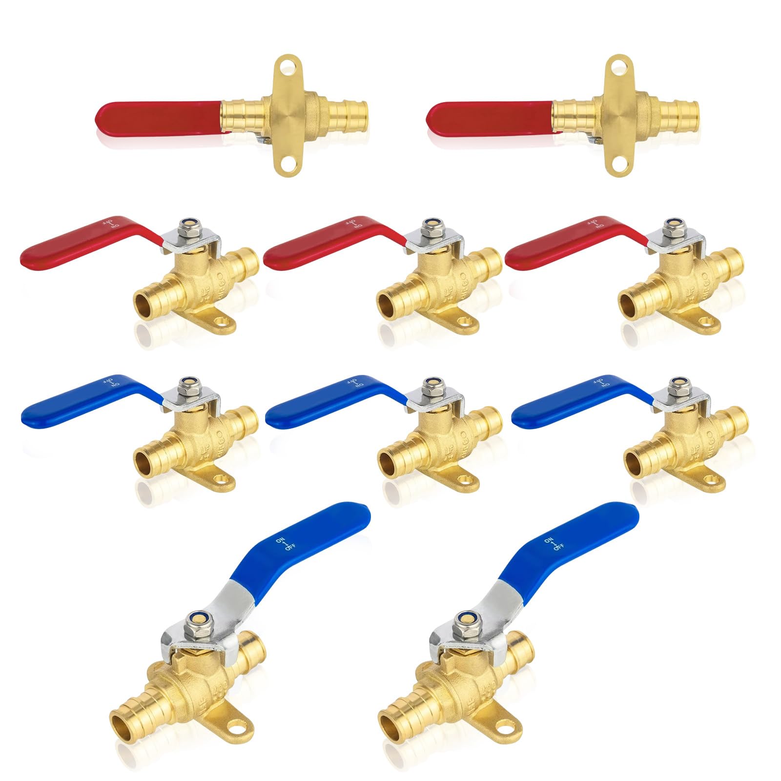 Paquete de 10 válvulas de bola de expansión PEX-A de 1/2 pulgada con oreja de caída, válvulas de bola de latón de cierre completo para tubería PEX-A, válvula de agua caliente (rojo) y fría