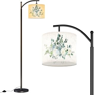 Silver sage green mint blue white flowers design spring bouquet Arc Floor Lamp with Remote Tall Standing Light Working with Adjust Head Dimmable LED Bulb Reading Light for Living Room Office