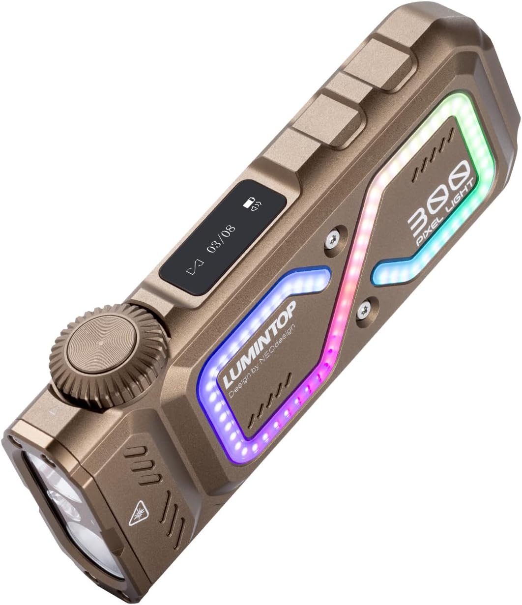 LUMINTOP Pixel Light Flat Rechargeable Flashlight, 1002Lumens, Rotary Dial Control & Smart Display, Spotlight/Floodlight/UV/Green Light/RGB, Dice Mode and Rock-Paper-Scissors, Rainbow/Meteor/Snake