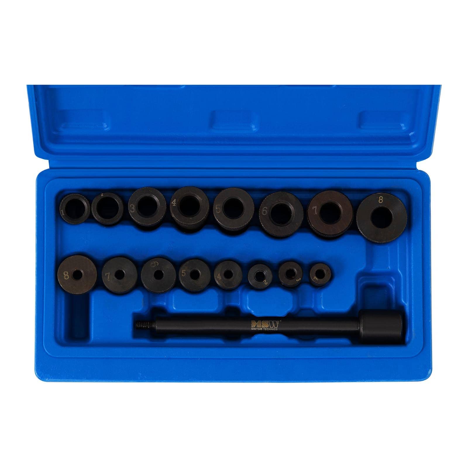 MSW MSW-CA-153 - Set di strumenti per frizione centraggio frizione centratore frizione (17 pezzi, 8 adattatori per dischi frizione, 8 adattatori per cuscinetti guida)
