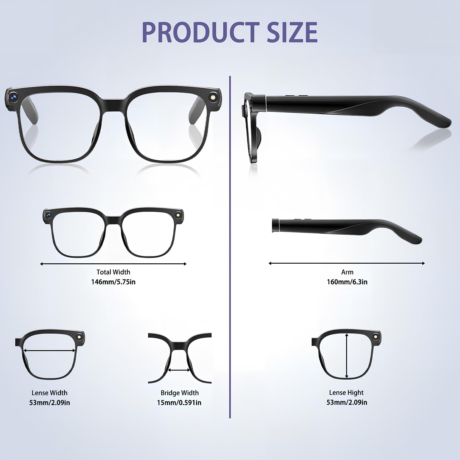 Lunettes Connectées avec 8MP Lunette Camera, 1080p Lunette Traductrice Lunettes IA Lunette Intelligente avec Verres Photochromiques, Musique Bluetooth, Stant Vocal et Vidéo