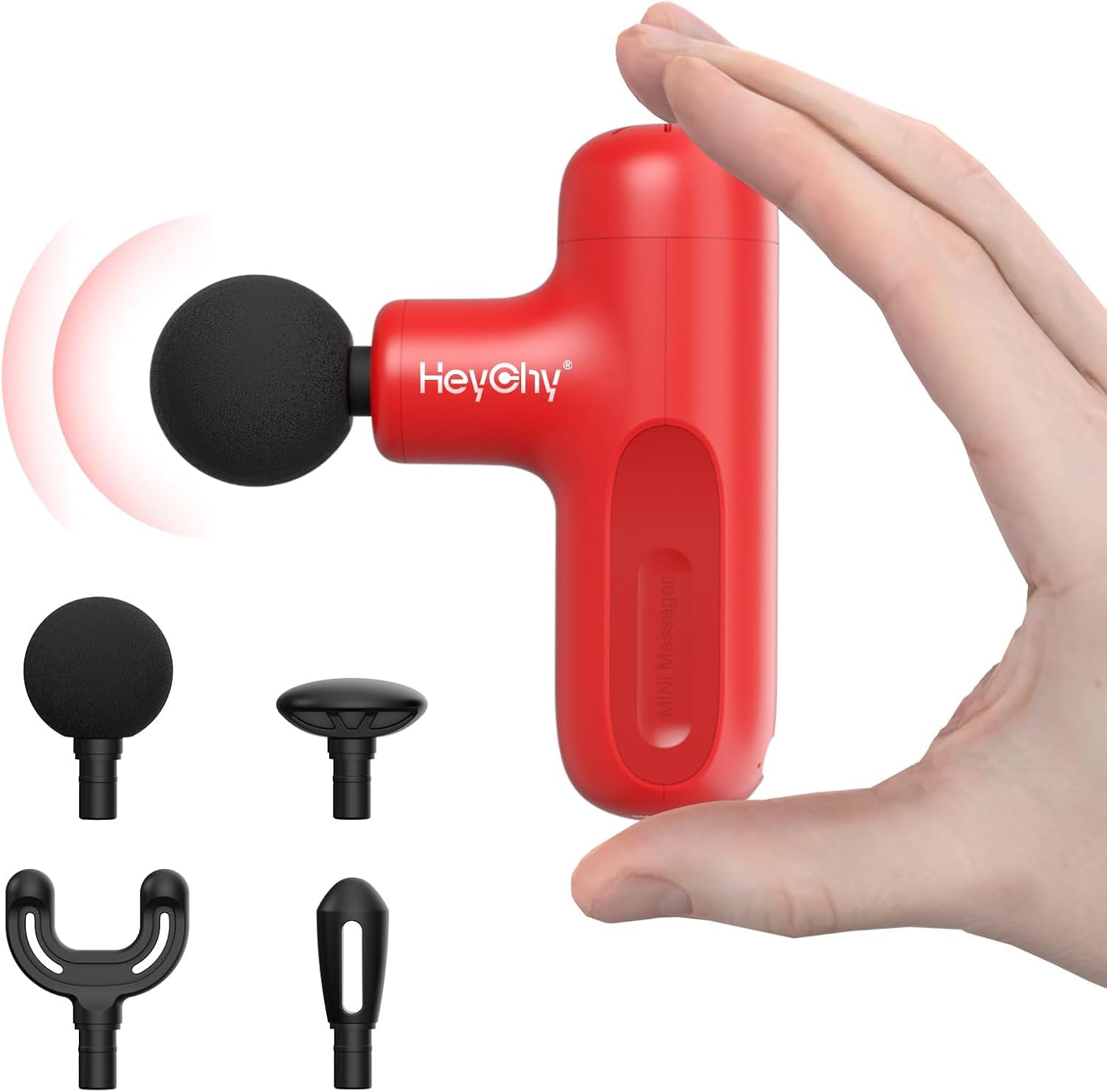 HEYCHY Super Mini Massage Gun Deep Tissue, Handheld Muscle Massager with 4 Heads, Percussion Travel Size Massager Gun for Men & Women Back Pain Relief, Quiet for Home, Gym, Office, Red