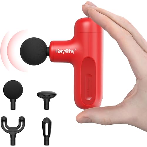 HEYCHY Super Mini Massage Gun Deep Tissue, Handheld Muscle Massager with 4 Heads, Percussion Travel Size Massager Gun FSA Eligible for Men Women Back Relief, Quiet for Home, Gym, Office, HSA, Red
