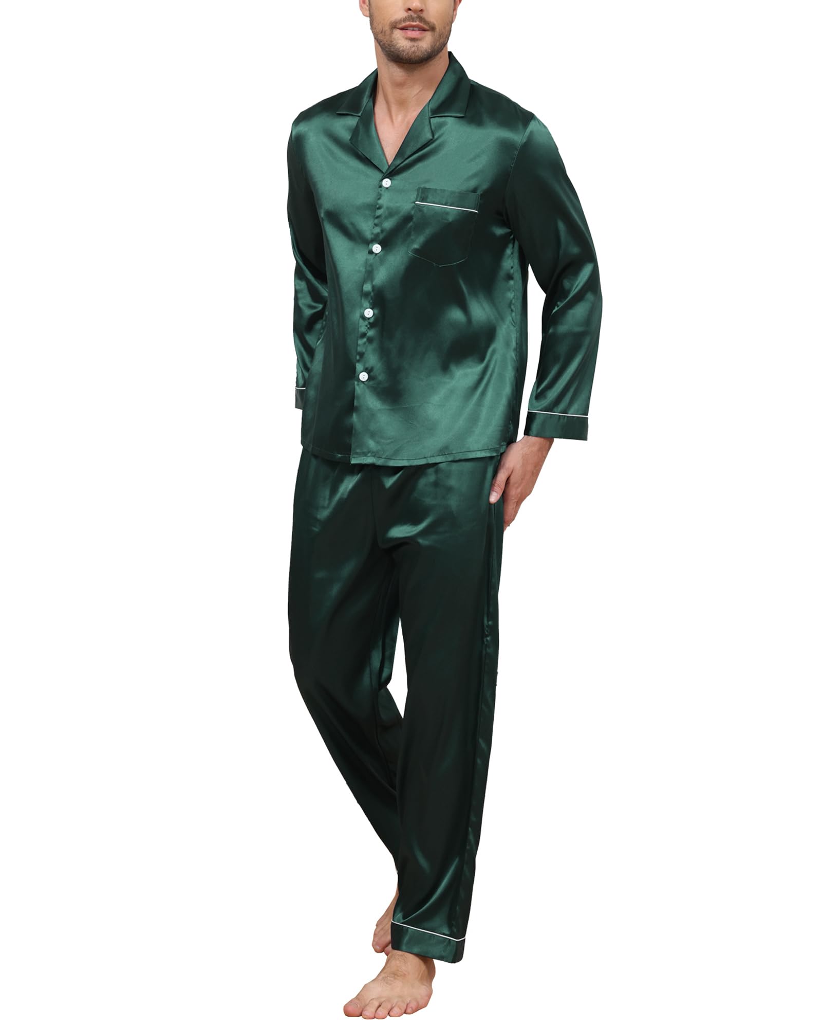 Reliwel Men's Dark Green-Long Silk Pyjamas Two Pieces Pyjamas For Long Sleeve Button Down Sleepwear Notch Collar Loungewear Breathable Nightwear Pjs Dark Green S