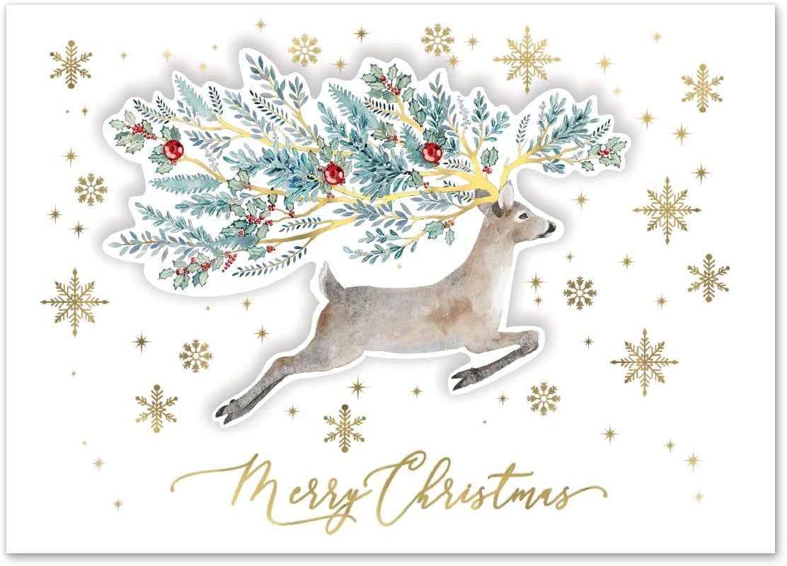 Punch Studio Winter Greens Deer Dimensional Holiday Boxed Cards Featuring 12 Embellished Cards and Envelopes (45428), multi