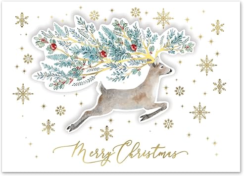 Punch Studio Winter Greens Deer Dimensional Holiday Boxed Cards Featuring 12 Embellished Cards and Envelopes 45428, multi