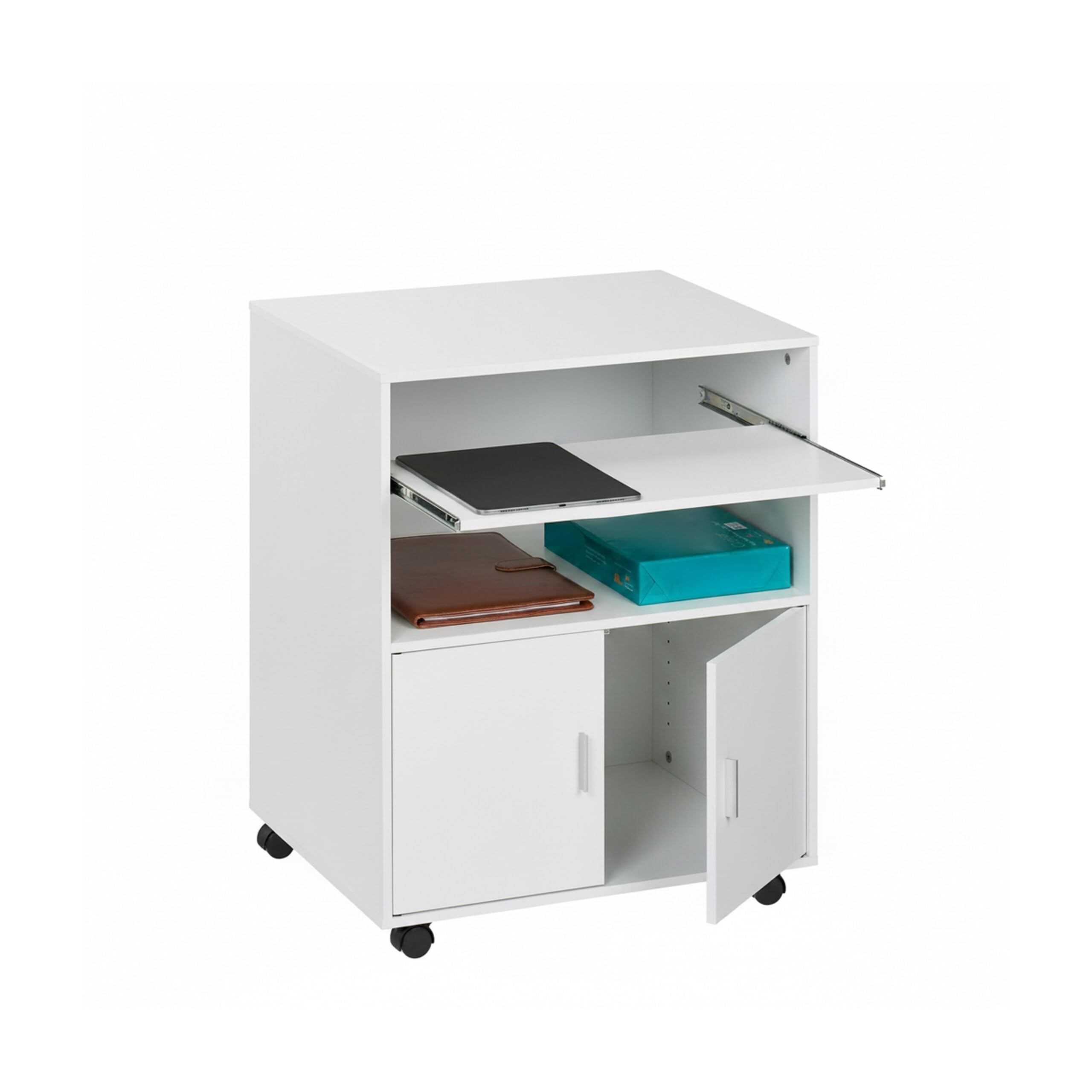 Relaxdays Carrello Porta Stampante, 2 Scomparti e Ripiano Estraibile Tastiera, Mobiletto Ufficio, 74x60x48 cm, Bianco