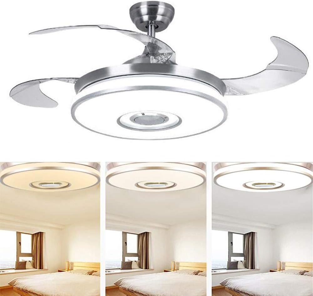 Modern Ceiling Fan with LED Light and Remote, Retractable Blade Ceiling Fans Light with Bluetooth Music Speaker, 3 Speed 3 Color Lighting Silent Motor Ceiling Chandelier Fan 42 Inch