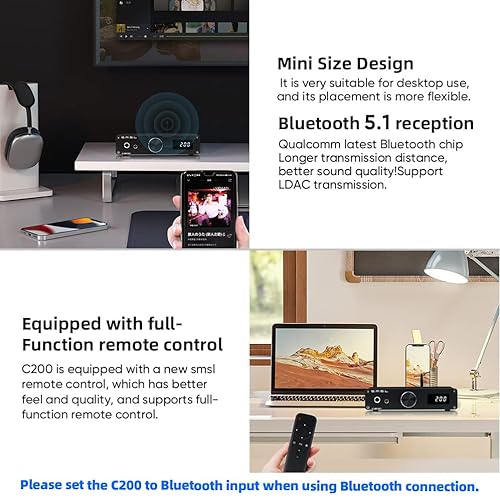 Miniatura 4 de SMSL C200 Amplificador de auriculares equilibrado, XMOS ES9038Q2M HiFi DAC Amp, USBBluetoothOptCoaxial a RCATRS equilibrado, conector de 0.173