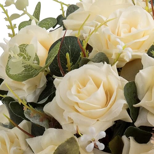 Miniatura 3 de LESING Rosa artificial con jarrón, ramos de flores de seda falsas en jarrón, arreglo de centro de mesa para cocina, sala de estar (champán-1)