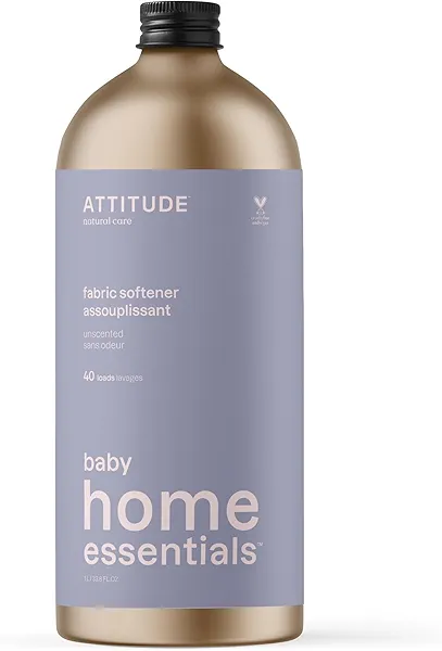 ATTITUDE Baby Laundry Fabric Softener Liquid, Vegan and Naturally Derived Detergent, Plant Based, HE Washing Machine Compatible, Refillable Aluminum Bottle, 40 Loads, Unscented, 33.8 Fl Oz