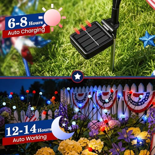 Image of 4th of July Outdoor Decorations, Red White Blue Lights Solar Firefly Lights, Patriotic Outdoor Decor for Independence Day, Fourth of July Decor for Garden Yard (4 Pack,Red, White, Blue)