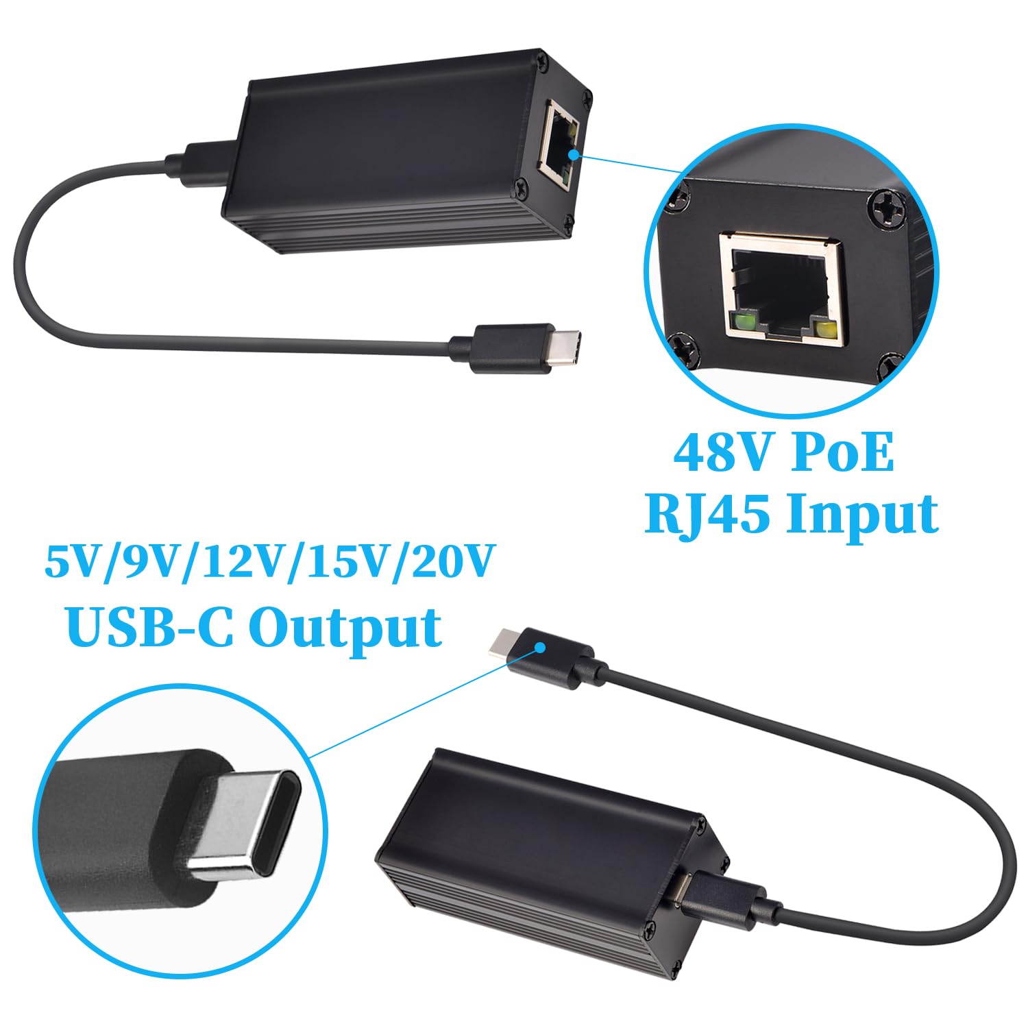 25W Gigabit PoE a USB-C Driver Converter para Teléfono/Tablet, Salida de Alimentación PoE a Type-C con Ethernet 2 en 1, Salida Adaptable 5V/9V/12V/15V/20V, Plug & Play (GPD2CAT-20V)