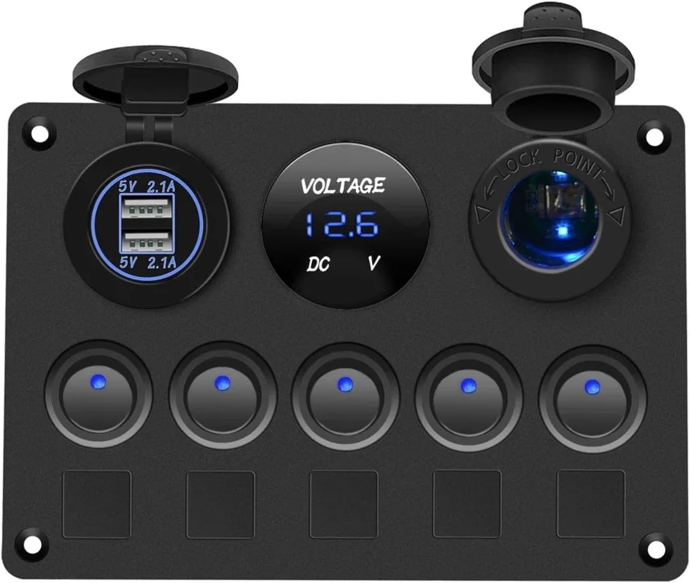 Car Switch Boat Switch Panel Car Switch Panel Waterproof Digital Voltmeter Dual USB Port 12V Outlet Combination Marine LED Rocker 5 Gang Car Replacement(Blue)