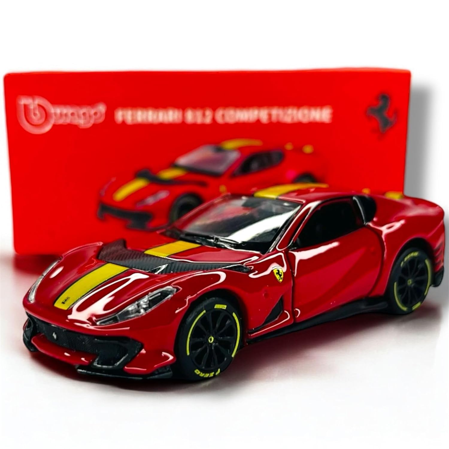Burago Ferrari 812 Competizione Die-Cast Model Car, Red with Yellow Stripes, Collectible-image-20