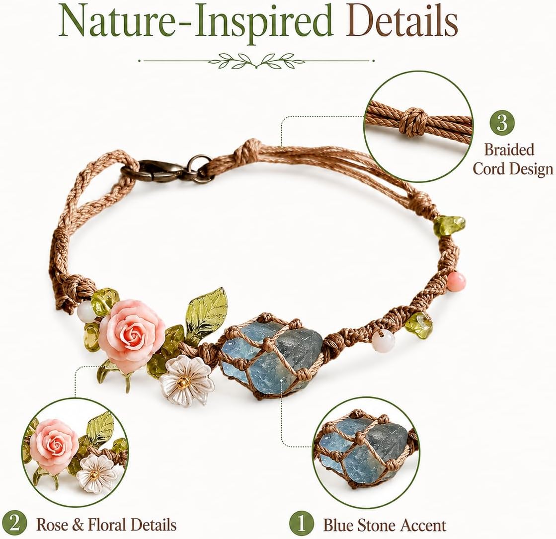 Butterfly Flower Bracelet for Women Adjustable Braided Rope Bracelet Boho Floral Statement Bracelets with Stone Inspired Accent Summer Vacation Birthday Jewelry Gift image 4