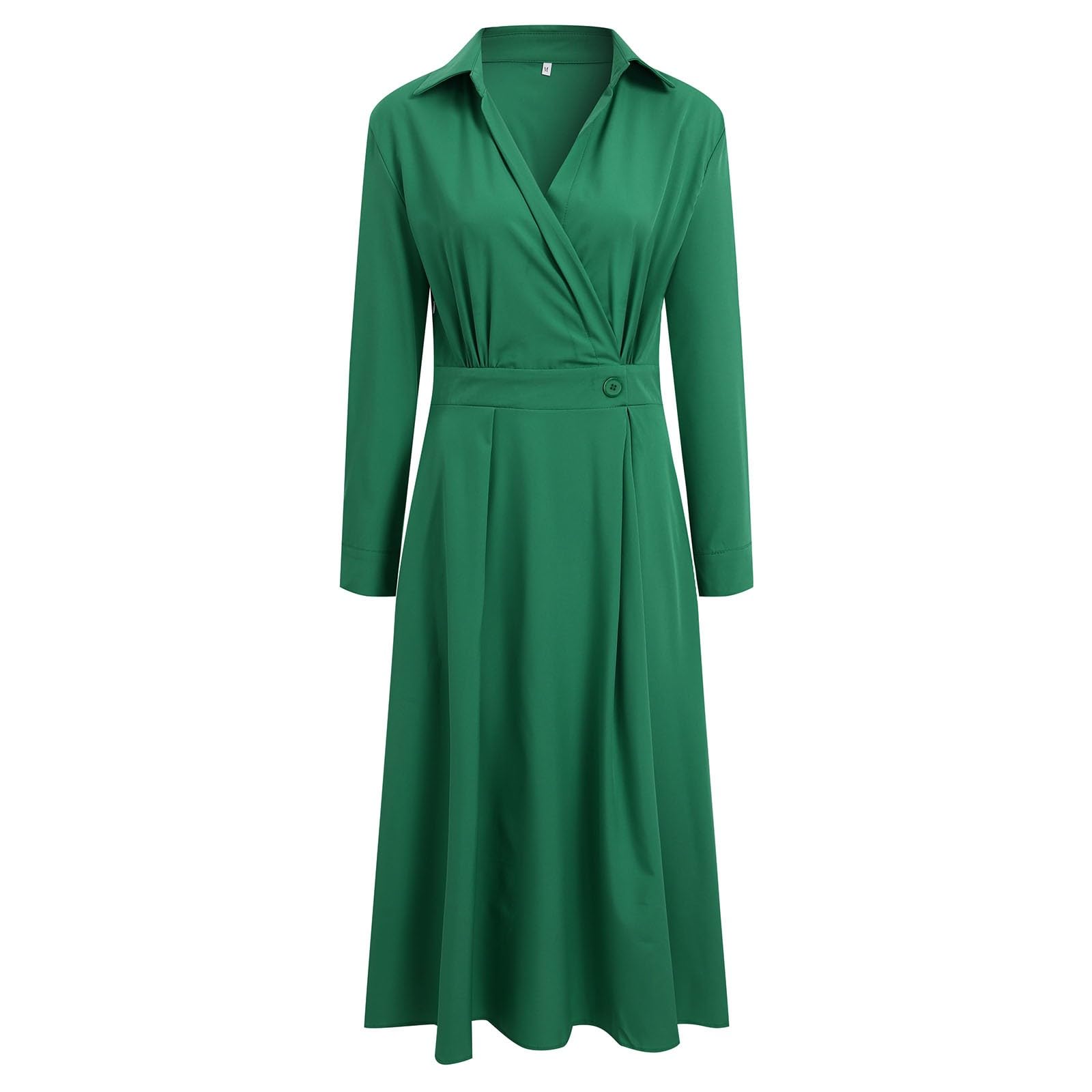 Vestido camisero casual de manga larga de moda con bolsillo de cuello en V para mujer