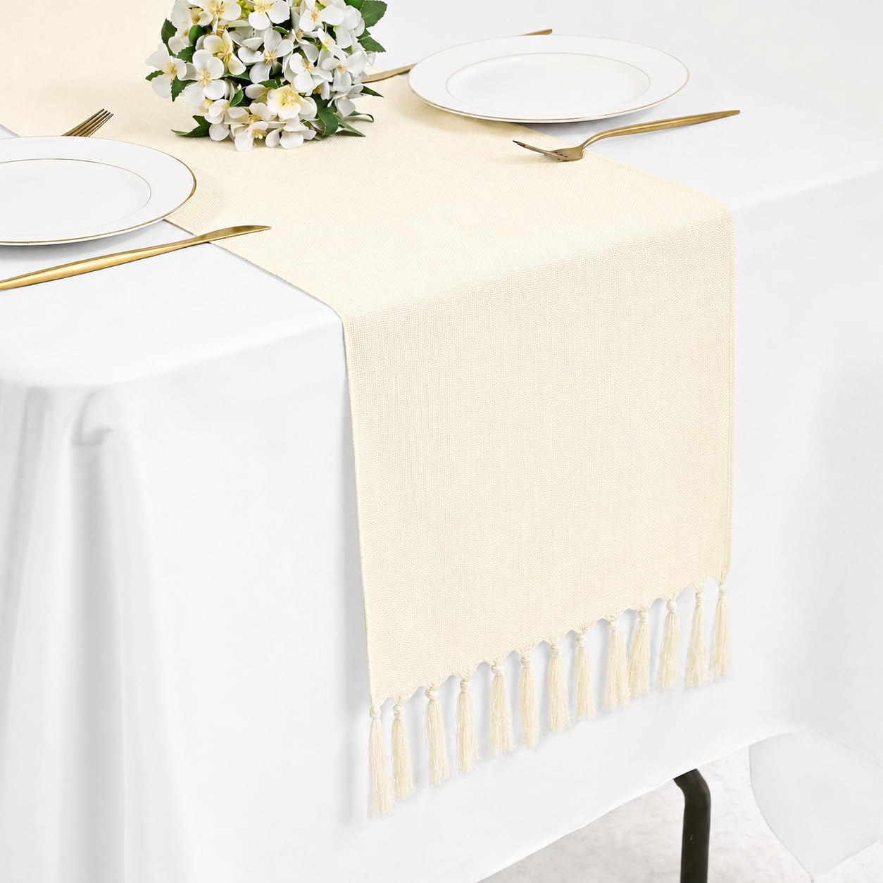 Pesonlook Beige Table Runner 13 x 72 Inch, Boho Farmhouse Table Runner with Tassels, Woven Rustic Dining Table Decoration for Kitchen, Coffee Table, Console Table and Party Decor