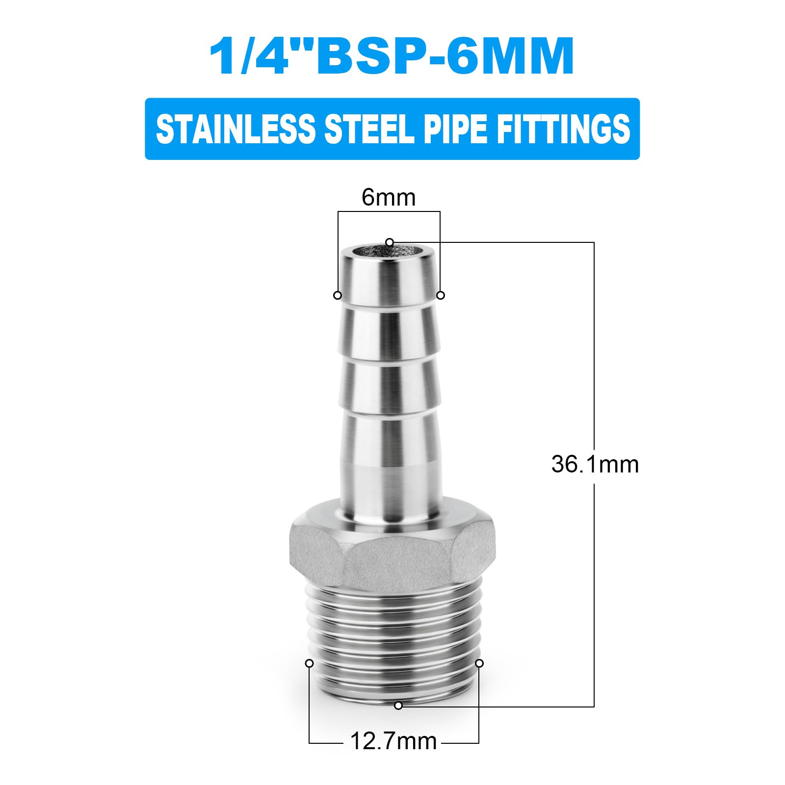 10 Pieza Racores de acero inoxidable 304 con espiga, de 6 mm a rosca macho BSP de 1/4", conectores industriales de compresión para sistemas de agua, combustible, aire y hidráulicos — view 2
