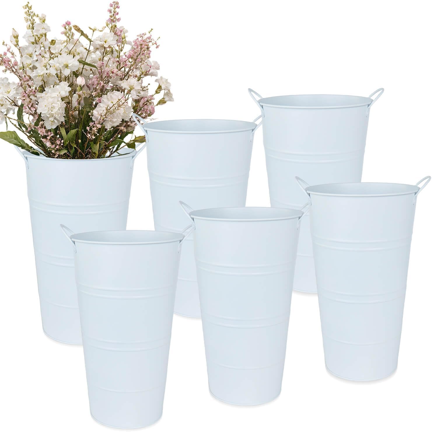 12 Inch Galvanized Metal Vases for Flowers - 6 Pcs Farmhouse Decorative Tall Flower Bucket with Handles, Rustic French Tin Planter Buckets for Wedding Decor (White)