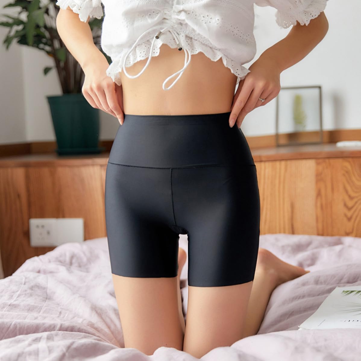 Women's Ice Silk Safety Pants High Waist Breathable Black