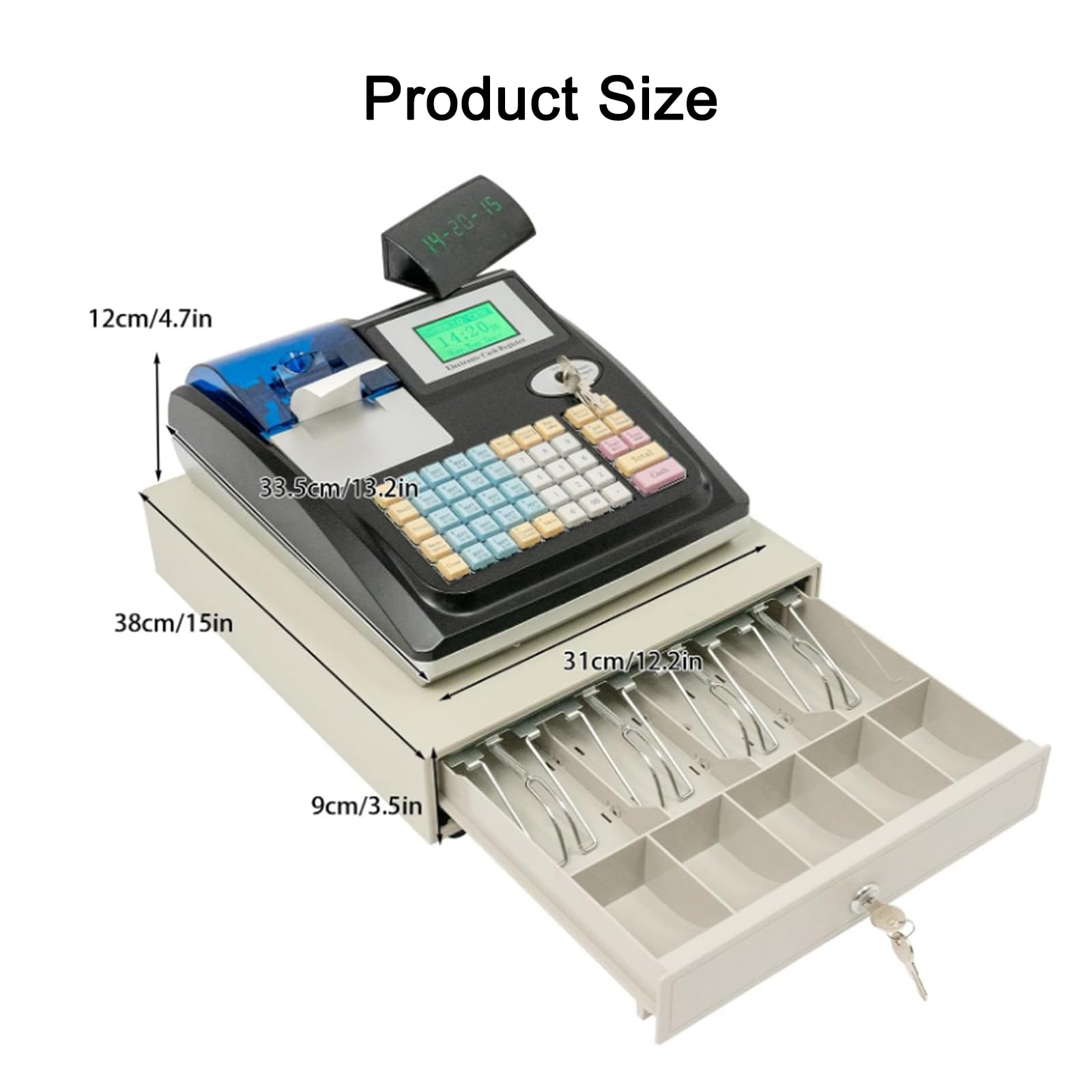 Caja Registradora Electrónica (de Cajón), para Pequeñas Empresas, con Doble Gestión (Llave Y Contraseña), Pantalla LED8 para Clientes, para Restaurantes Y Supermercados,White
