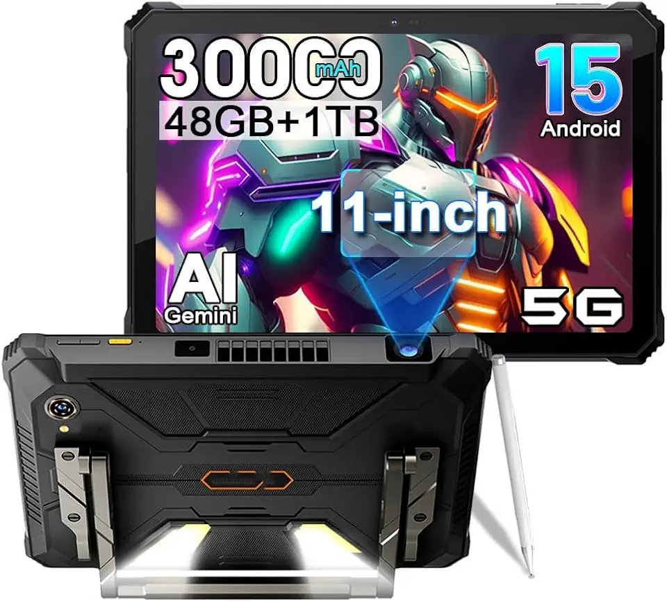 Active 12 PRO Projector Tablet,Android 15 Rugged Tablet,48GB RAM+1TB ROM, 30000mAh Dual 5G 11'' Display Outdoor Tablets,108MP+50MP Camera,Camping Light/WiFi 6E/BT 5.4/GPS