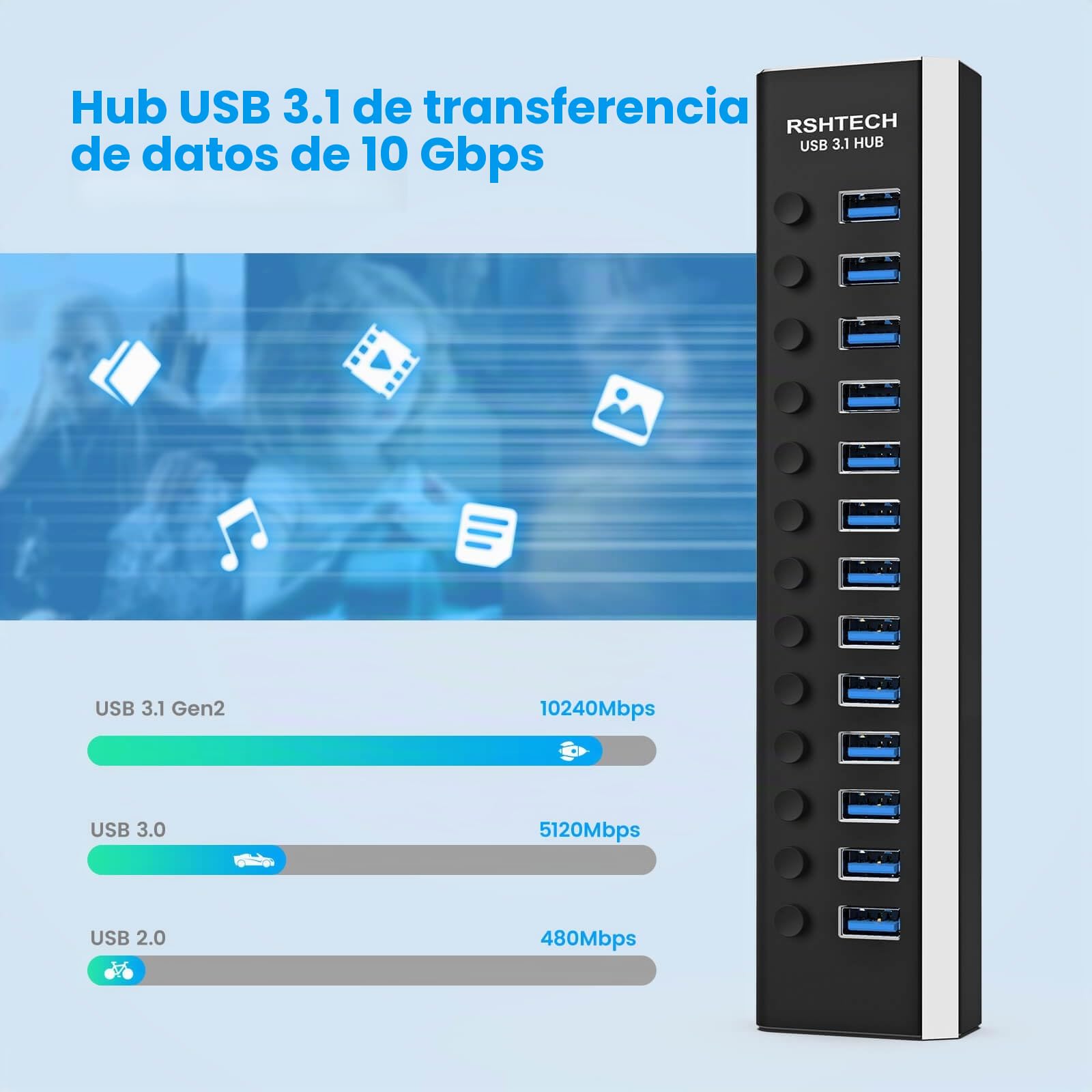 RSHTECH Hub USB 3.0 13 Puertos, Aluminio Concentrador Multipuerto con Alimentación 12V/6A, Protección contra Sobrecorriente y Sobretensión, Interruptor Independiente y Cable Datos 10 Gbps *2.RSH-A13