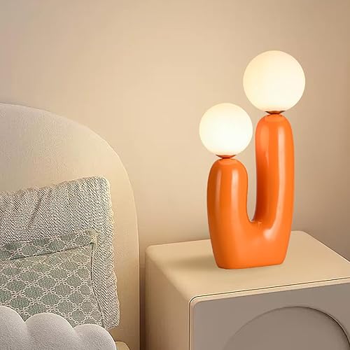 Moderna lámpara de mesa con forma de cactus naranja, 2 luces, globo de leche blanca, luz de mesa de cristal, lindas lámparas de resina para