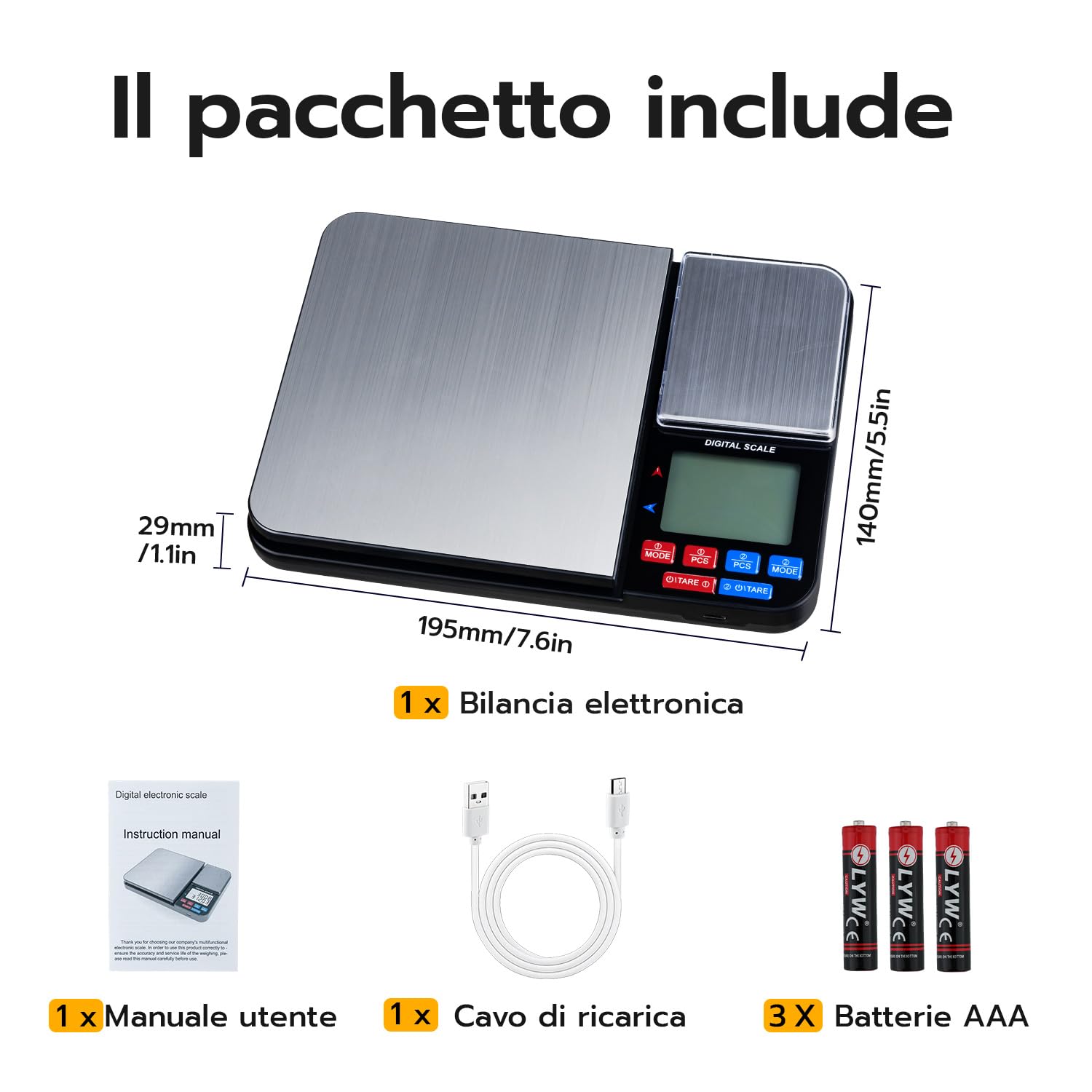 Bilancia da Cucina Digitale con Doppia Piattaforma (10kg/1g e 500g/0.01g), Bilancia per Alimenti Ricaricabile USB/Batterie, 14 Unità, Funzione PCS e Auto-Off per Caffè, Pasticceria e Casa