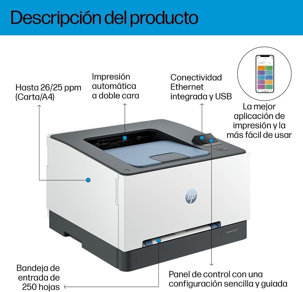 HP Color LaserJet Pro 3202dn, Impresora Láser Monofunción A4, impresión a Doble Cara automática, 25 ppm, USB 2.0, Procesador 1,2 GHz, Ethernet, Memoria 256MB, Compatible Smart, Blanca y Azul