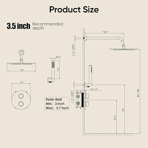 Miniatura 43 de Gabrylly Juego de grifo de ducha para bañera, sistema de ducha de bañera con válvula de ducha de 3 vías, cabezal de ducha de lluvia de alta presión