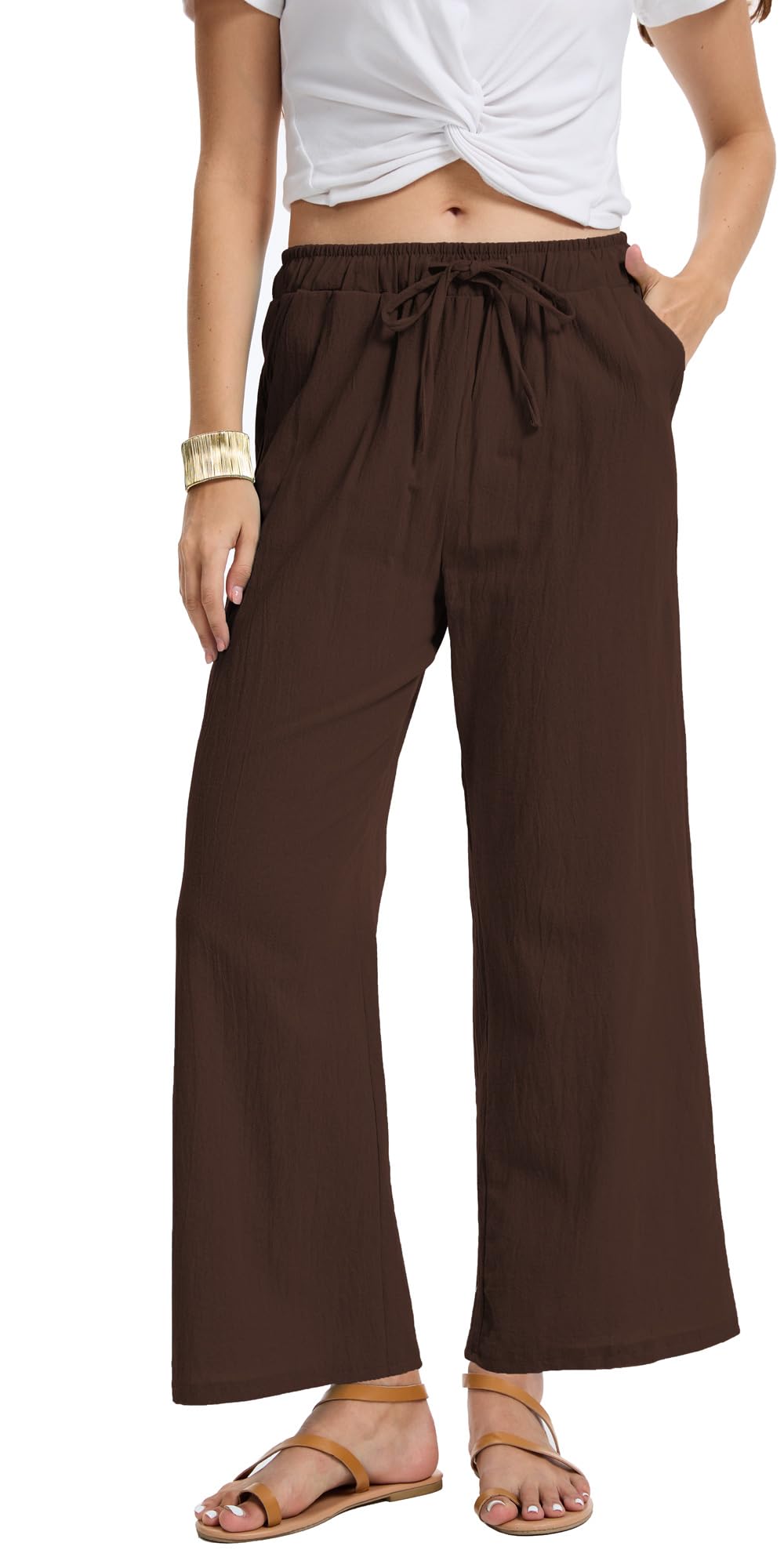 YOCUR Women Casual Drawstring Straight Leg Pants Cotton Linen Beach High Waisted Trousers Flowy Lounge Lightweight Pants