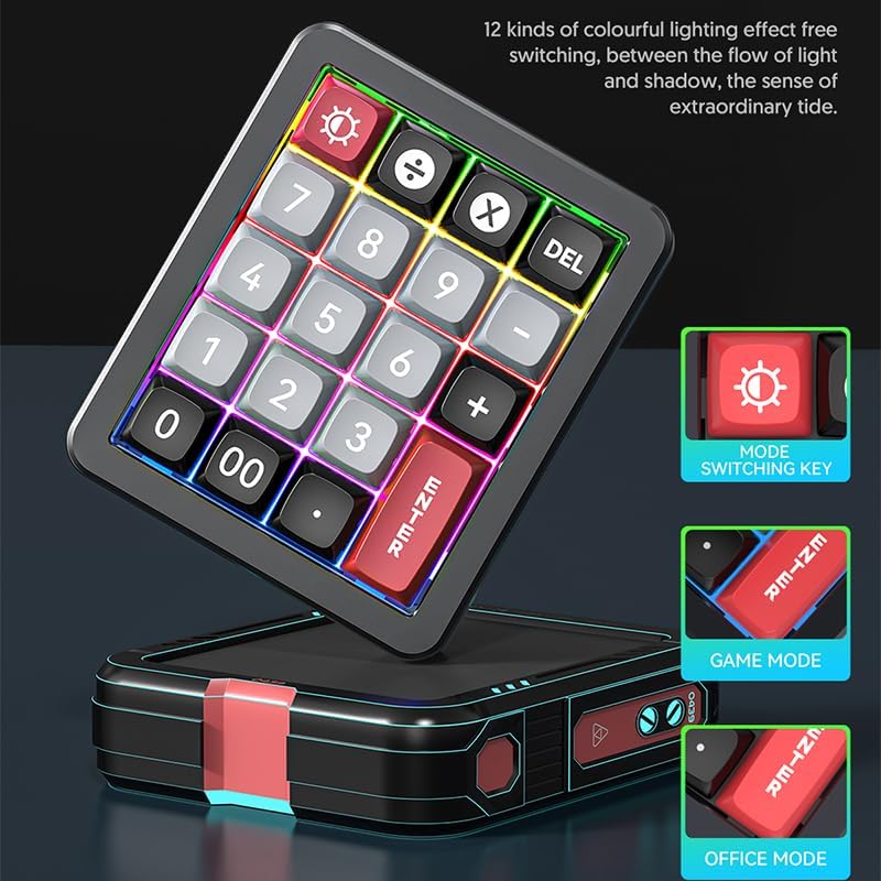 JOMAA 20-Key Keyboard showing 12 colorful lighting effects and the mode switching key.