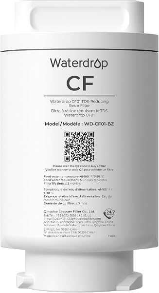 Waterdrop Cartuccia filtro acqua WD-CF01, filtro di ricambio per distributore d'acqua caldo e freddo WD-CT01, riduce il cloro, TDS e calcare, conservazione di minerali importanti, dura fino a 3 mesi o - 1