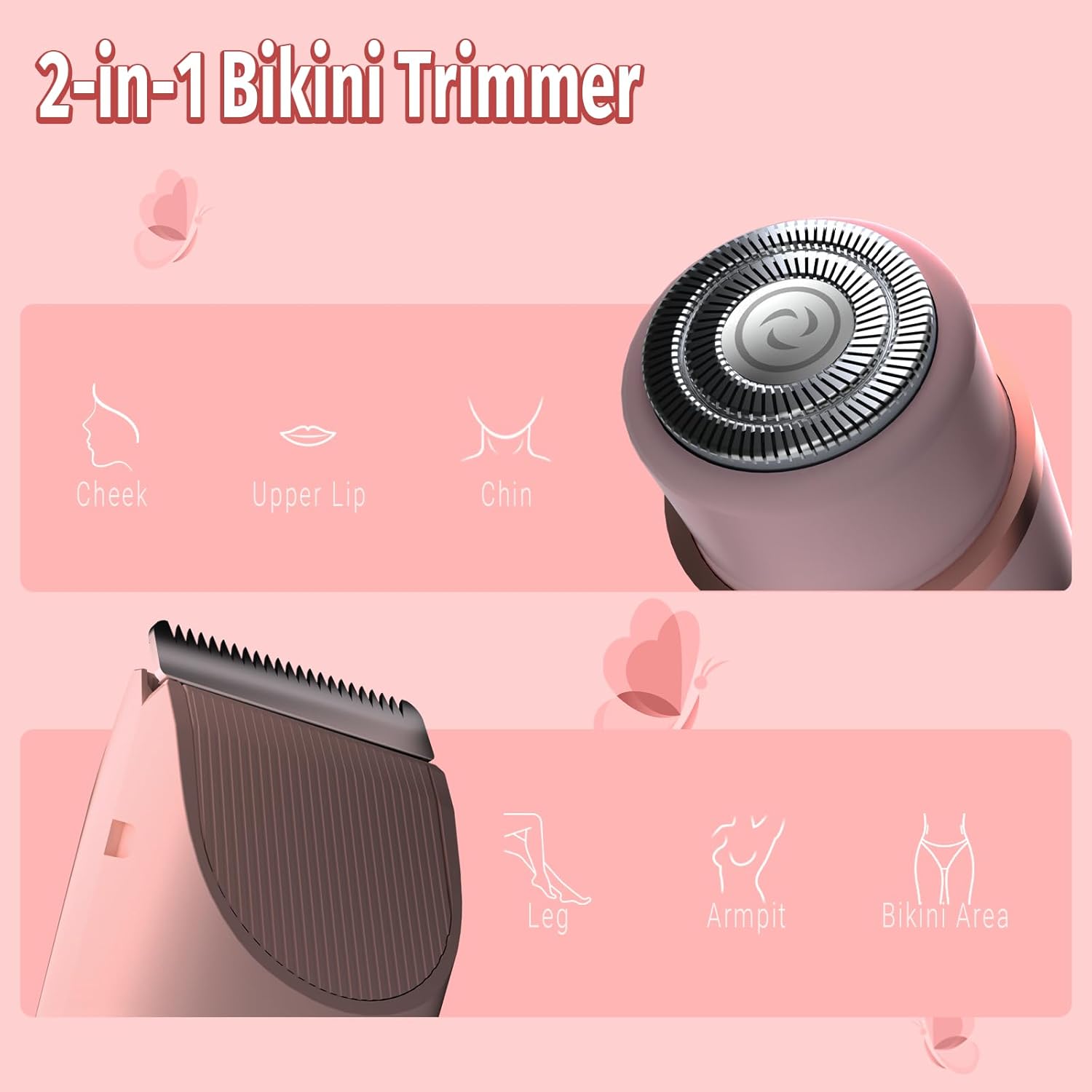 Bikini Trimmer for Women, 2 in 1 Electric Razor & Bikini Shaver for Womens IPX7 Waterproof Body Hair Trimmer and Facial Hair Remover,Pink - Image 2